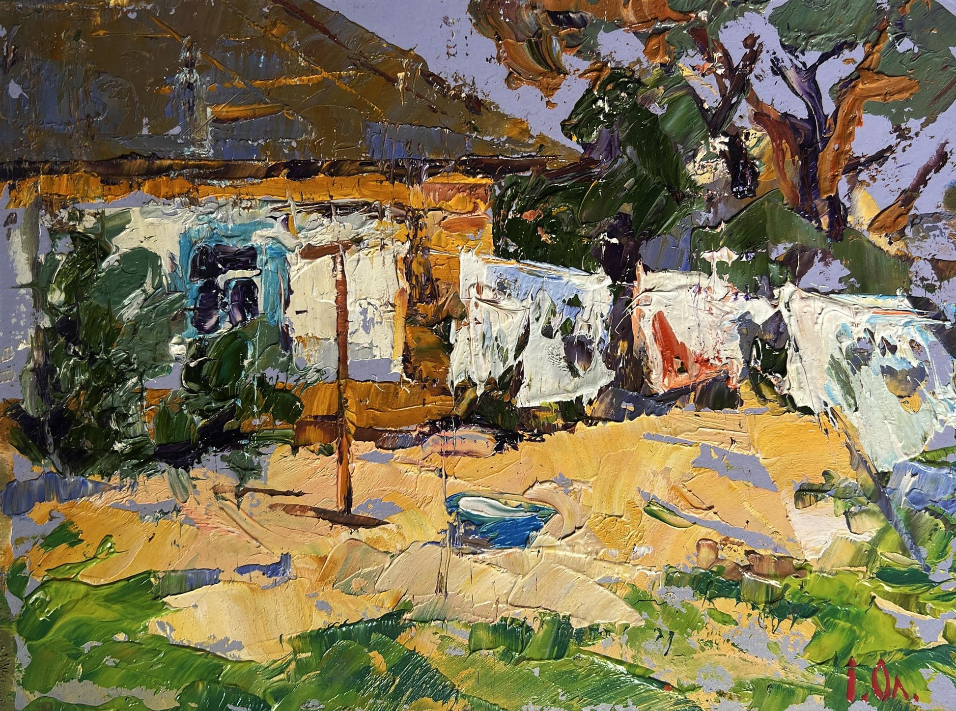 Vibrant impasto oil painting by Oleksiy Ivanyuk of rustic house with drying laundry