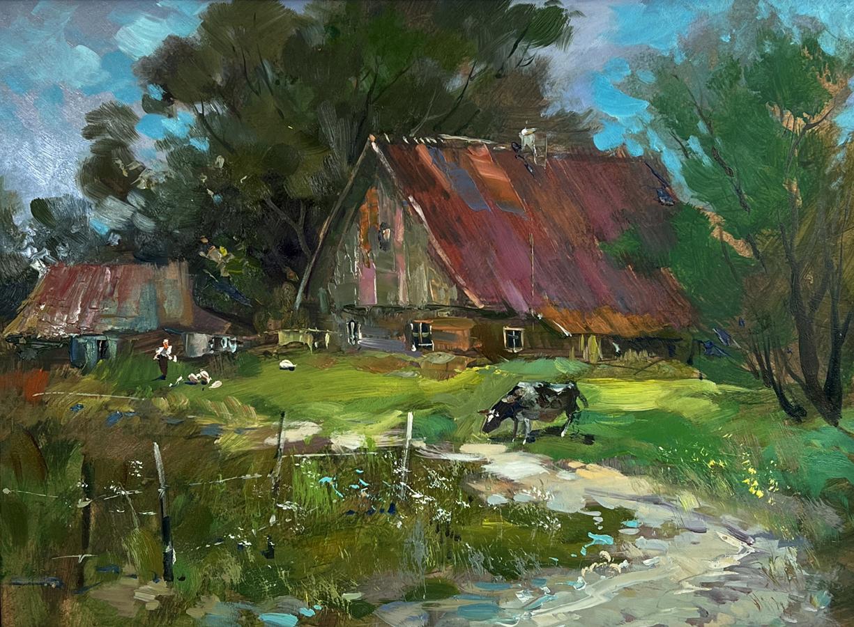 Oil painting of rustic farmhouse on road to village by Yuriy Suprunchuk