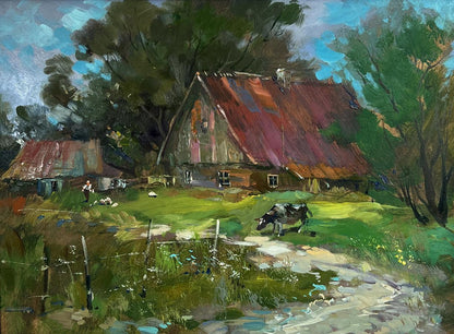 Oil painting of rustic farmhouse on road to village by Yuriy Suprunchuk