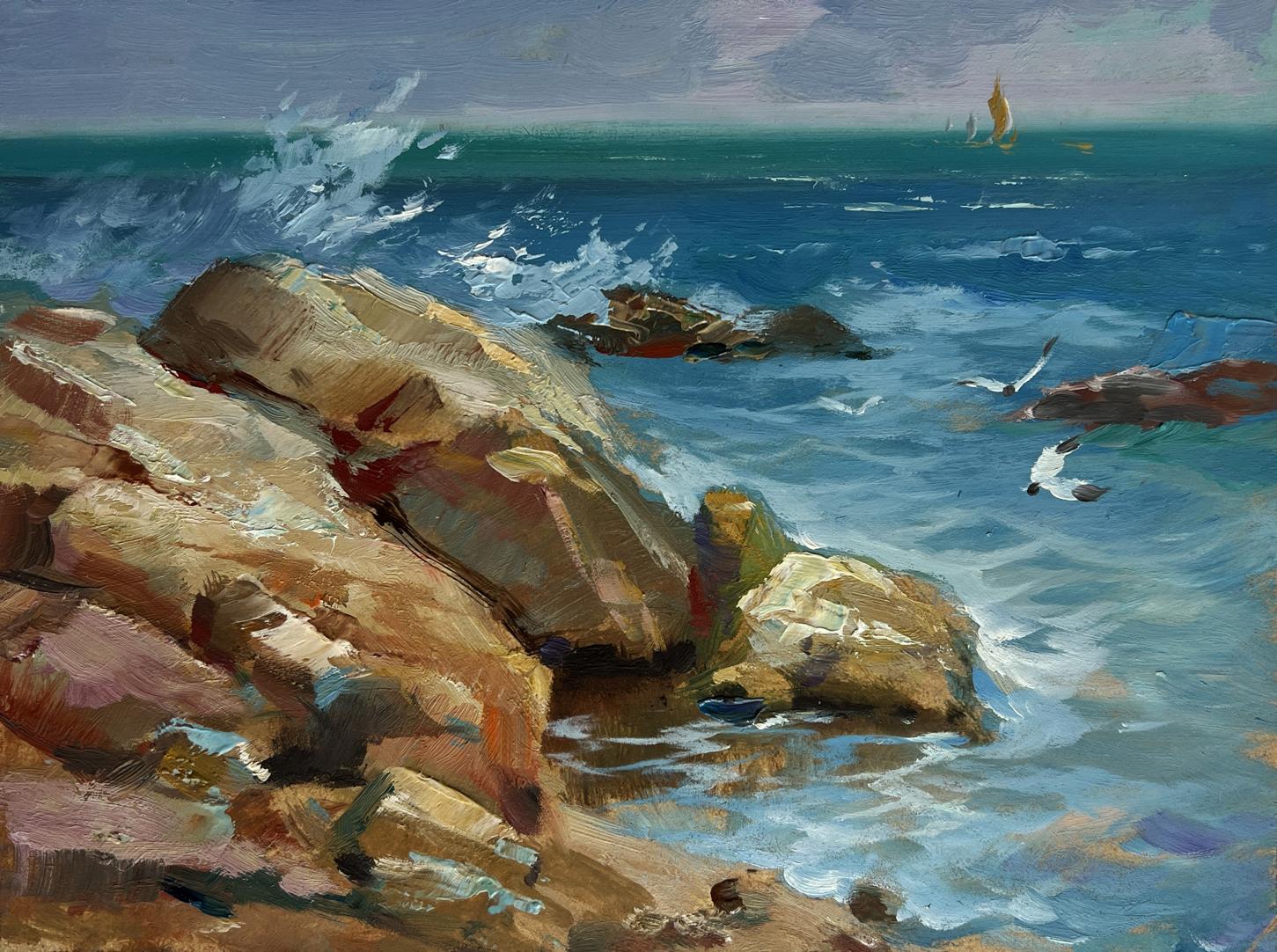 Oil painting of sailboats on sea horizon by Yuriy Suprunchuk