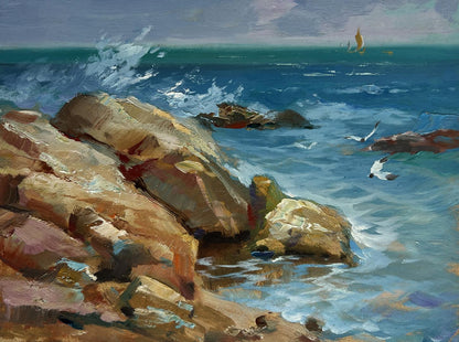Oil painting of sailboats on sea horizon by Yuriy Suprunchuk