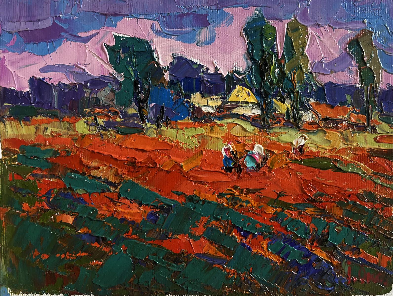 Vibrant impressionist oil painting Buckwheat stubble by Oksana Ivanyuk