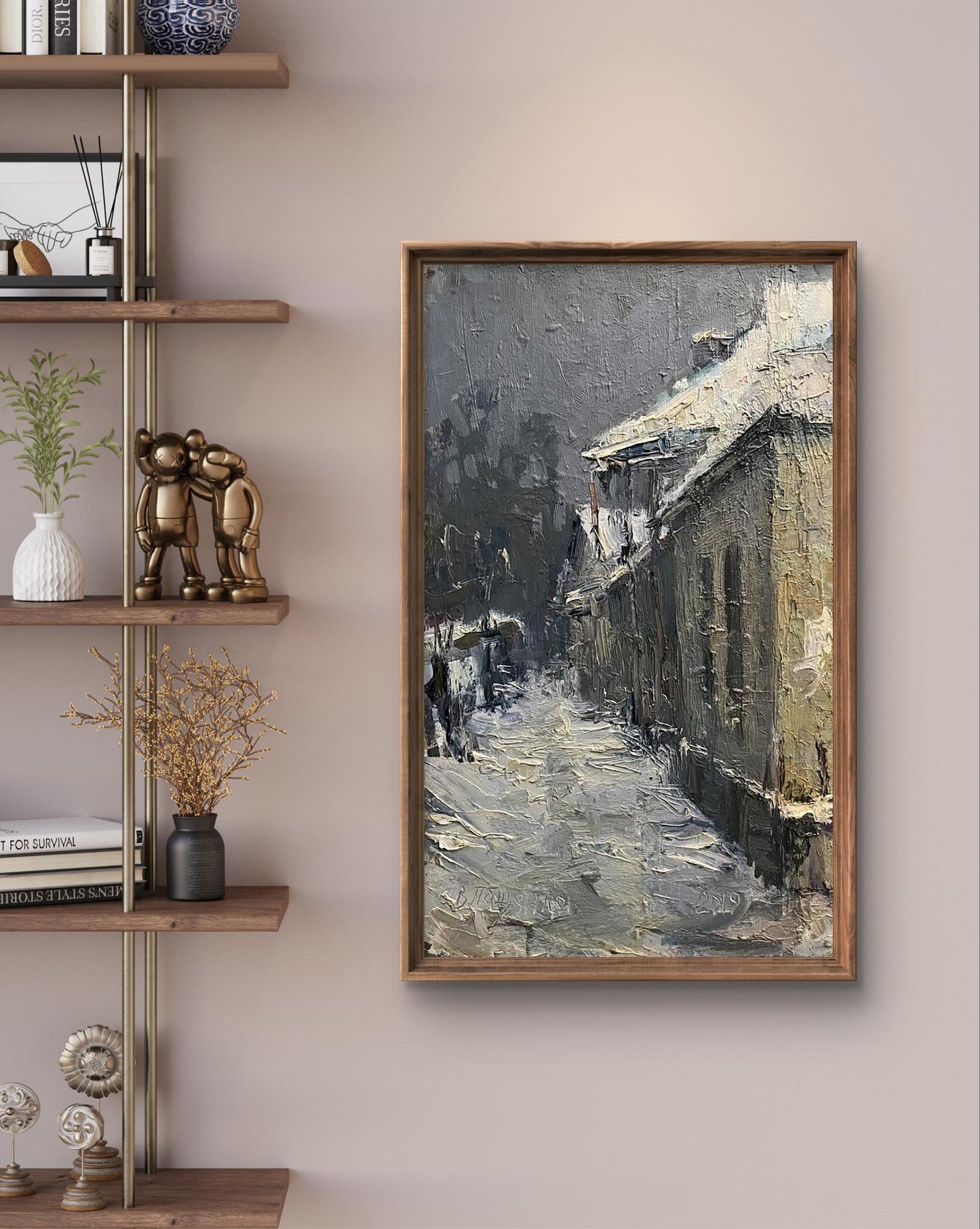 Oil painting Snowy street by Volodymyr Pashchenko, snowy alleyway