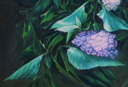 Vibrant purple hydrangea oil painting by Vasily Korkishko amid lush green leaves