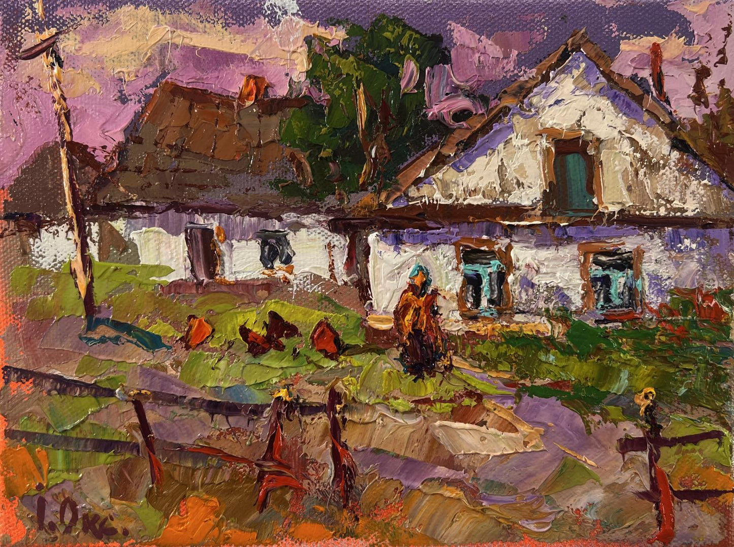Oil painting of pink sunset over village by Oksana Ivanyuk