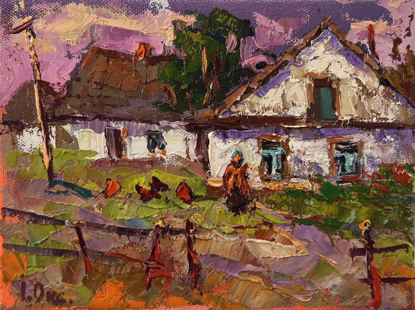 Oil painting of pink sunset over village by Oksana Ivanyuk