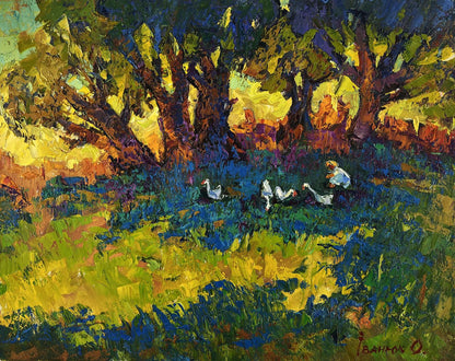 Vibrant impressionist oil painting Silence in the shade of old willows by Oleksiy Ivanyuk