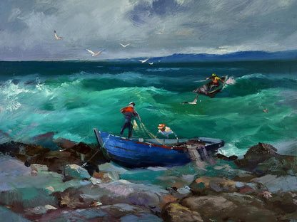 Oil painting of Yuriy Suprunchuk fishermen at sea: blue boat on rocky shore in turbulent waves