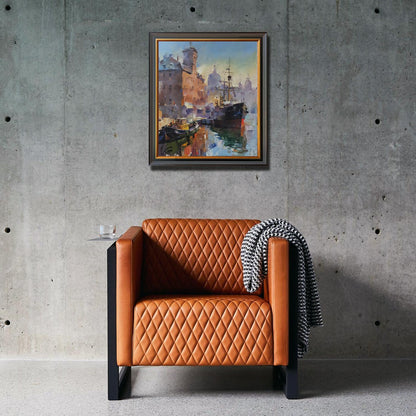 Tan leather diamond-quilted armchair with black metal legs by Volodymyr Gluhomanyuk