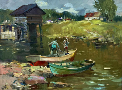 Oil painting of weathered green red boat by fishermen village by Yuriy Suprunchuk