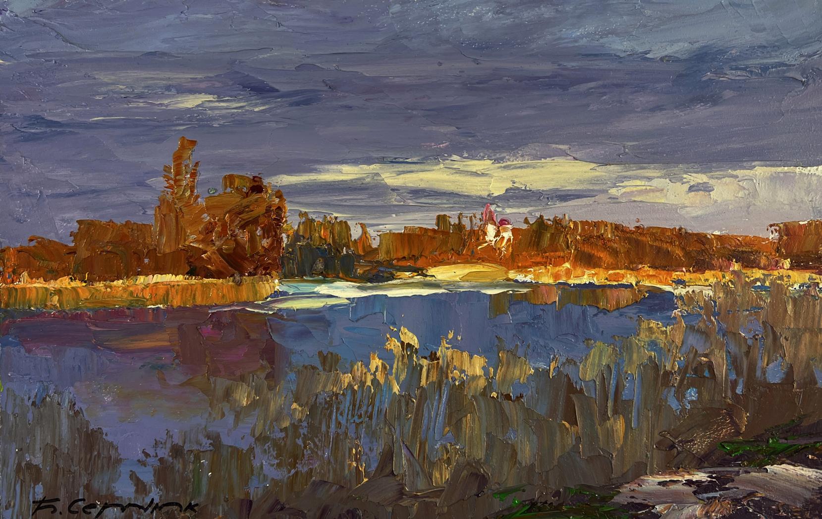 Oil painting Silent cover by Boris Serdyuk: serene lakeside with golden light