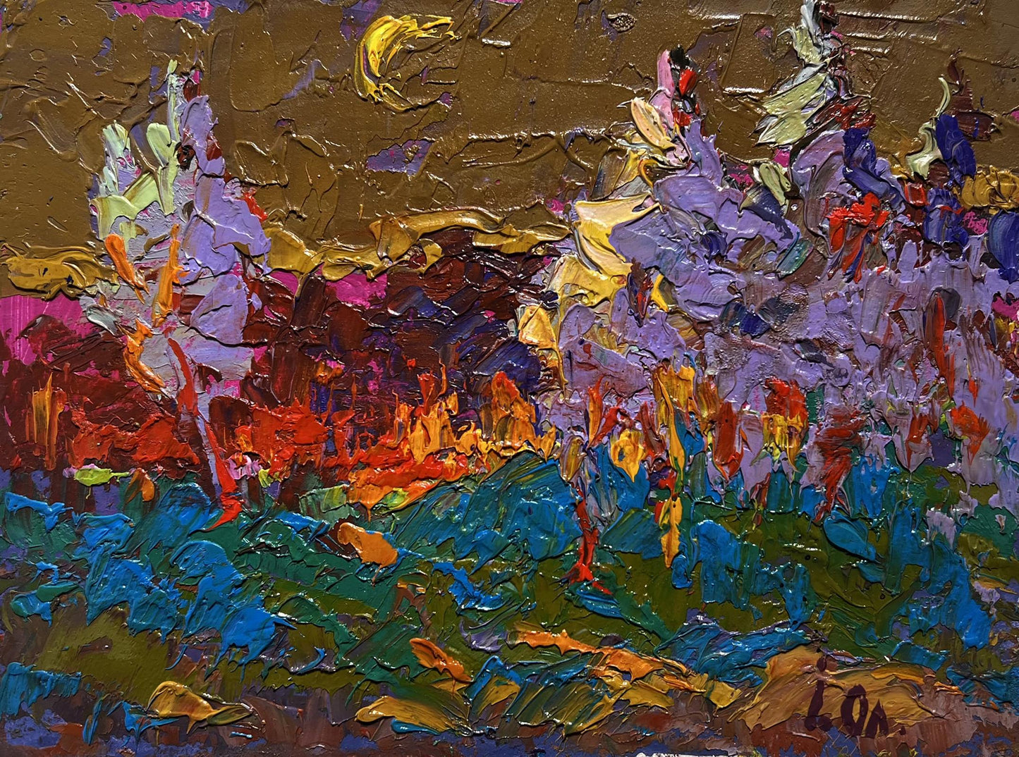 Oil painting Moon in the sky by Oleksiy Ivanyuk with vibrant purple gold hues