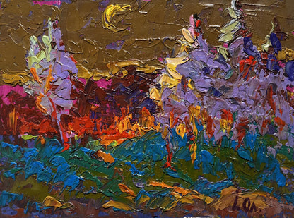 Oil painting Moon in the sky by Oleksiy Ivanyuk with vibrant purple gold hues