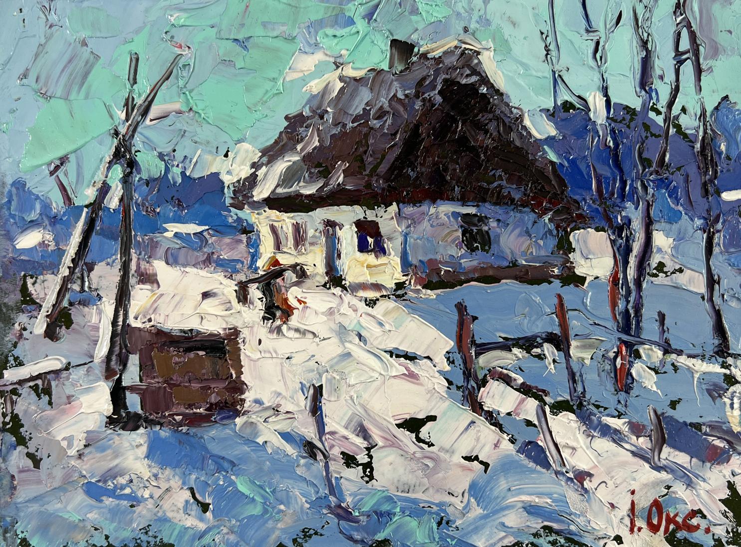 Oil painting The house sleeps in the snow by Oksana Ivanyuk snowy cottage