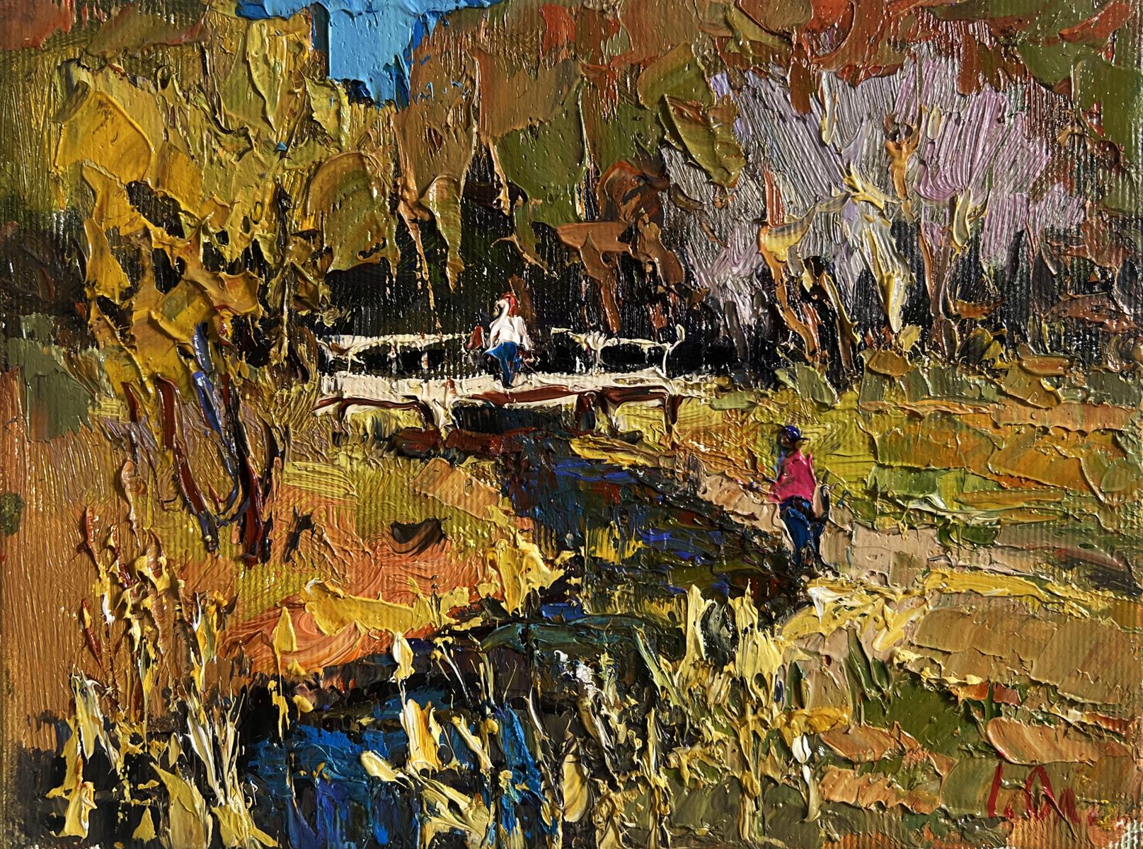 Vibrant impressionist oil painting by Oleksiy Ivanyuk of rustic landscape near quiet river