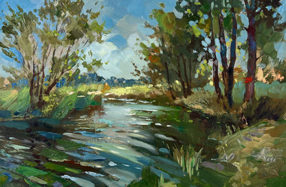 Vibrant impressionist oil painting Quiet forest river by Yuriy Suprunchuk
