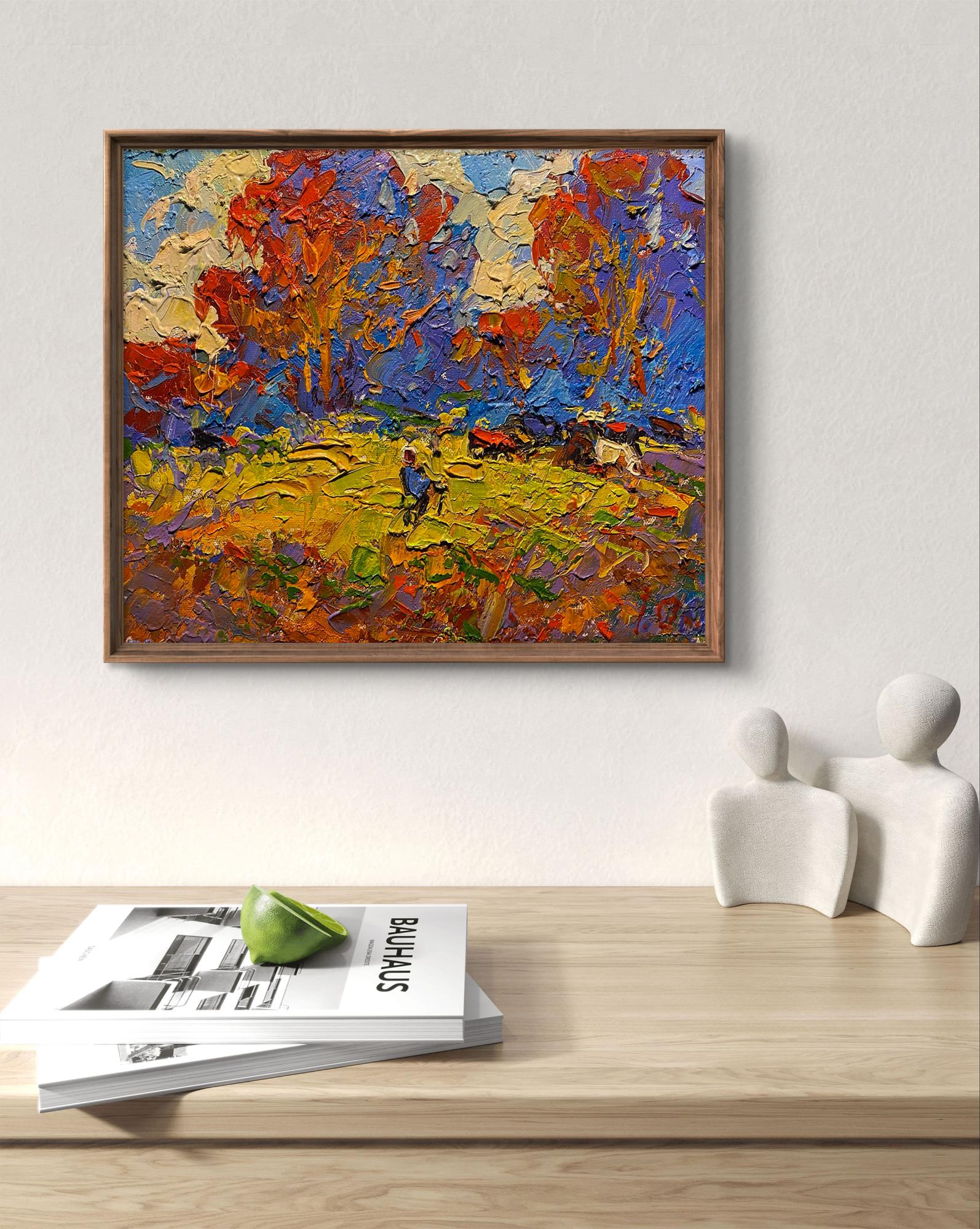 Vibrant Oleksiy Ivanyuk oil painting of autumn trees in rustic frame