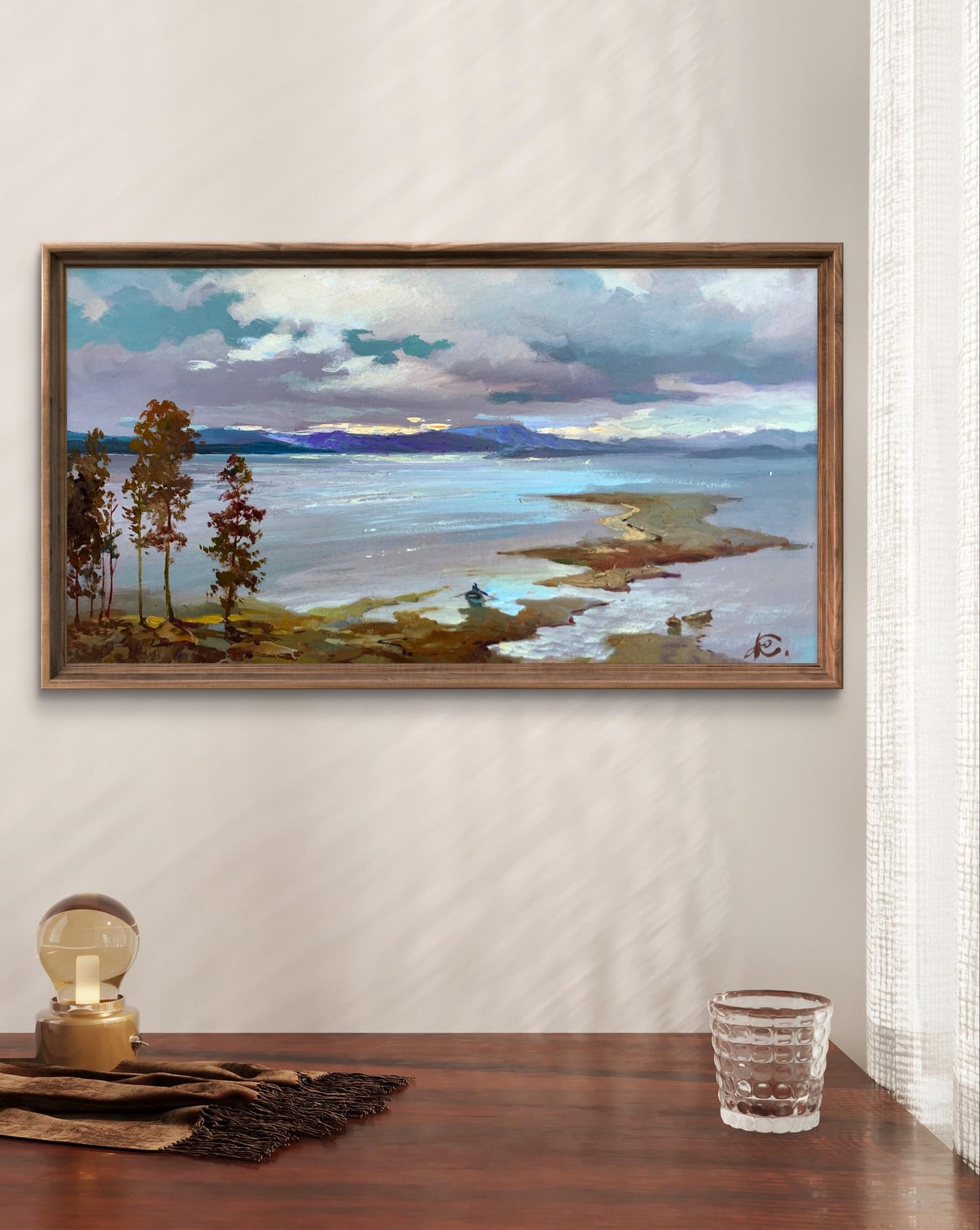 Oil painting The river washes the mountains by Yuriy Suprunchuk, serene lakeside landscape