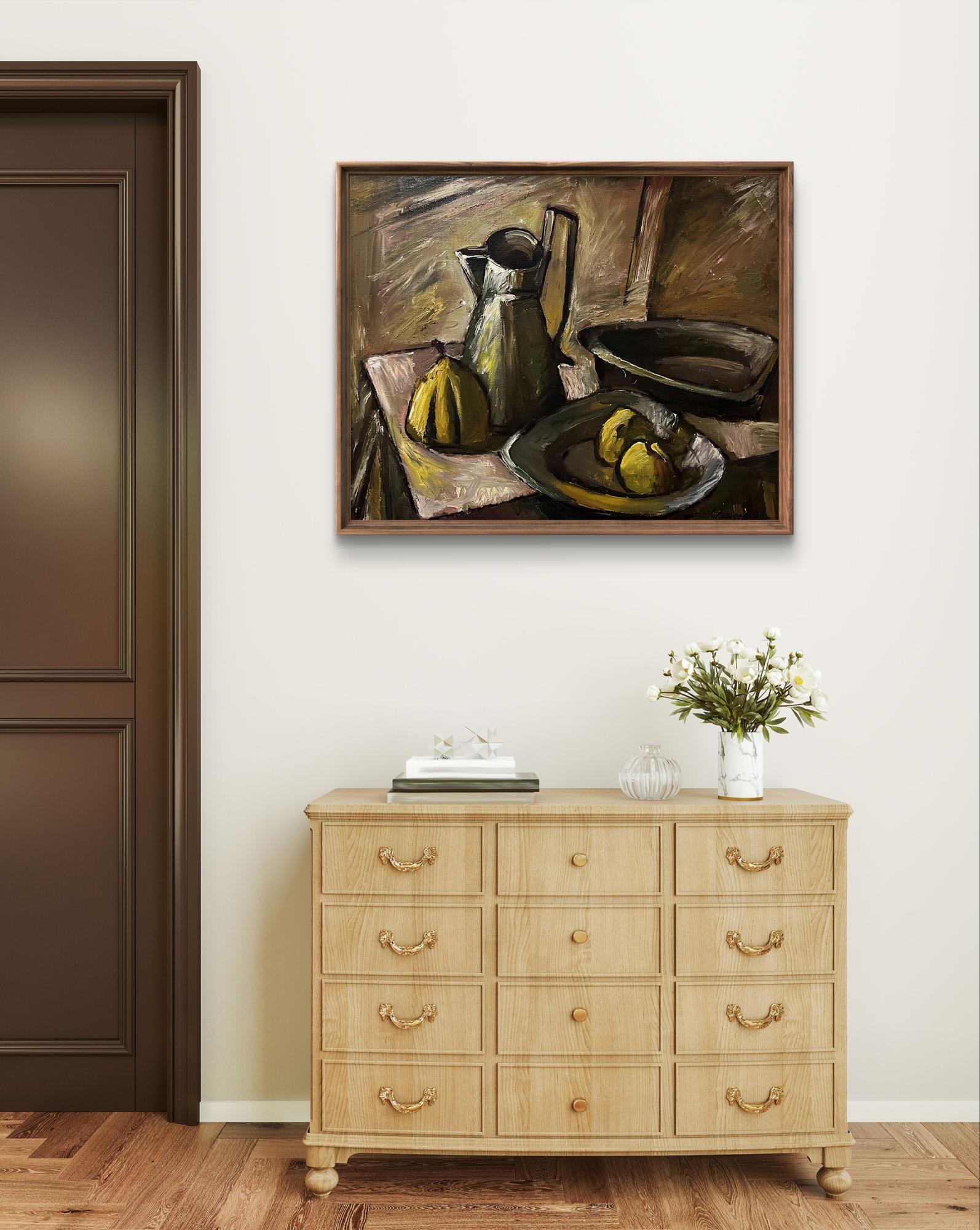 Oil painting by Oleksandr Andreev: still life with quince, old dishes