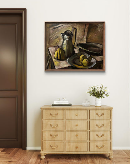 Oil painting by Oleksandr Andreev: still life with quince, old dishes