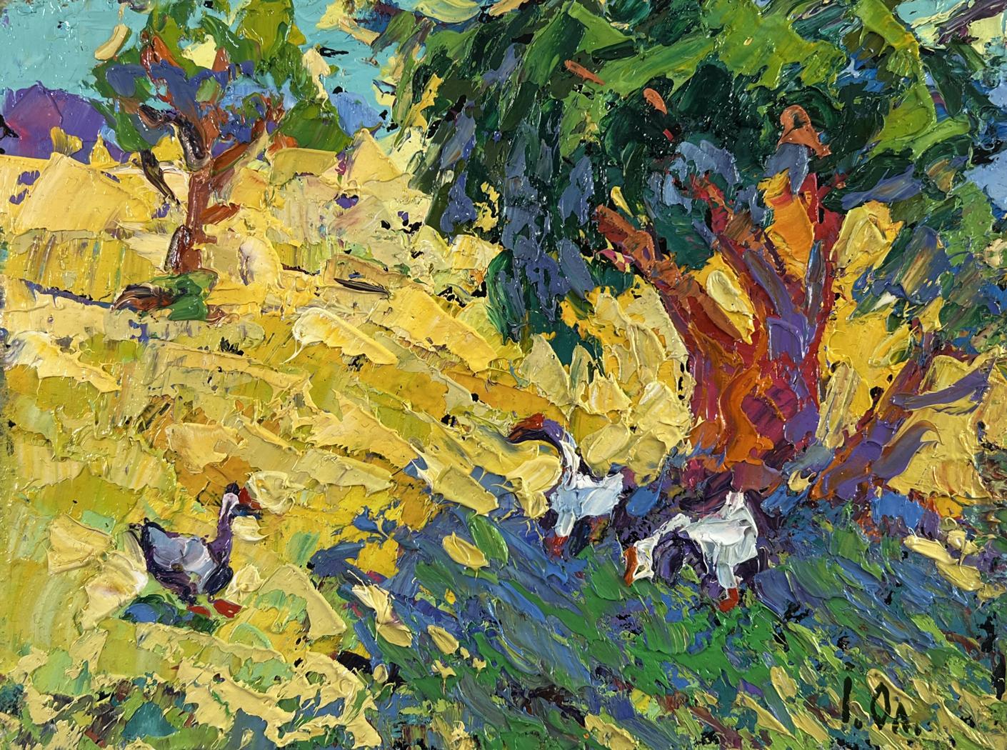 Vibrant impressionist oil painting of two geese in sunlit summer field by Oleksiy Ivanyuk