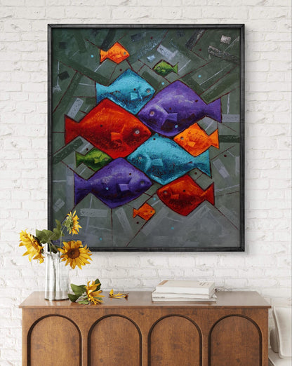 Vibrant abstract oil painting Eleven Brightly Colored Fish by Sergiy Voichenko in black frame