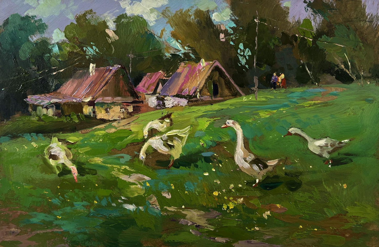 Oil painting Geese in the village by Yuriy Suprunchuk
