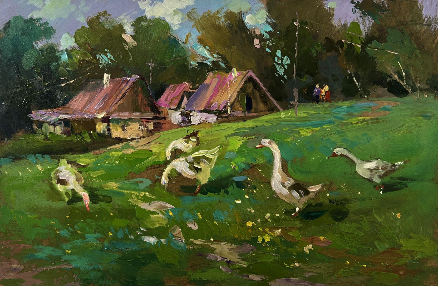 Oil painting Geese in the village by Yuriy Suprunchuk