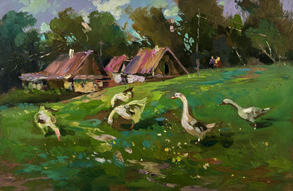Oil painting Geese in the village by Yuriy Suprunchuk