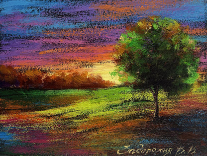Oil painting Romantic evening V. Zadorozhnya solitary tree sunset field