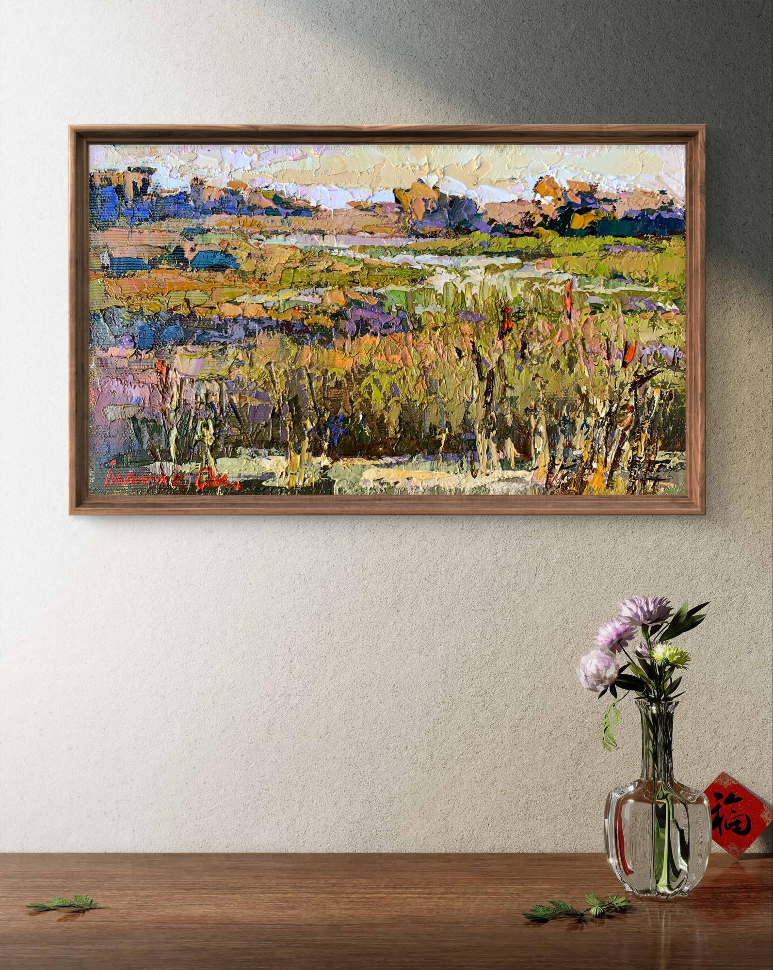 Oil painting River flood by Oksana Ivanyuk in wooden frame
