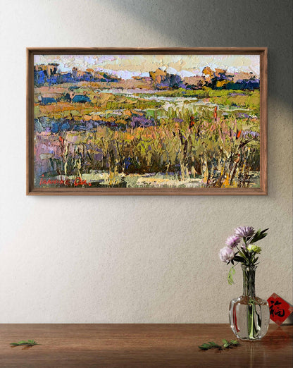 Oil painting River flood by Oksana Ivanyuk in wooden frame