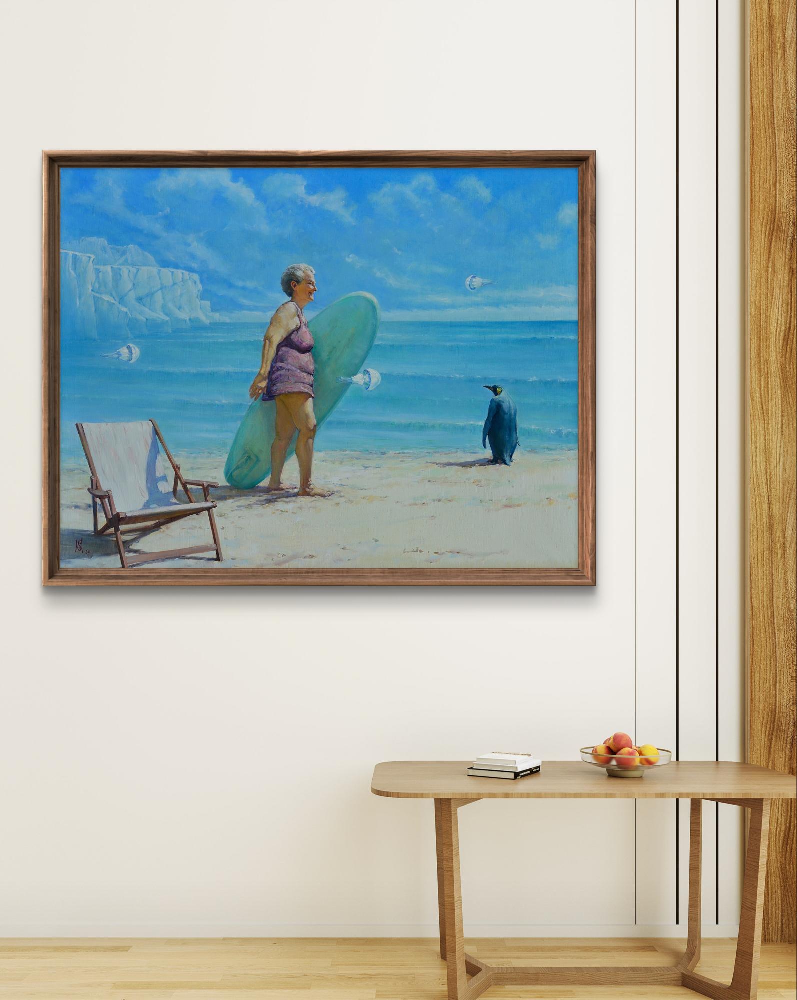 Oil painting Cold seashore by Oleg Kateryniuk: woman in purple swimwear with teal surfboard, penguin on beach