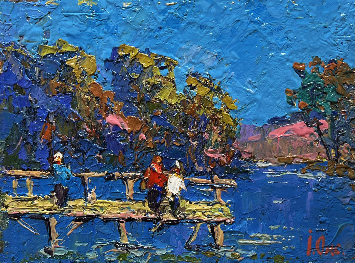 Vibrant impressionist oil painting by Oksana Ivanyuk of wooden bridge over blue river
