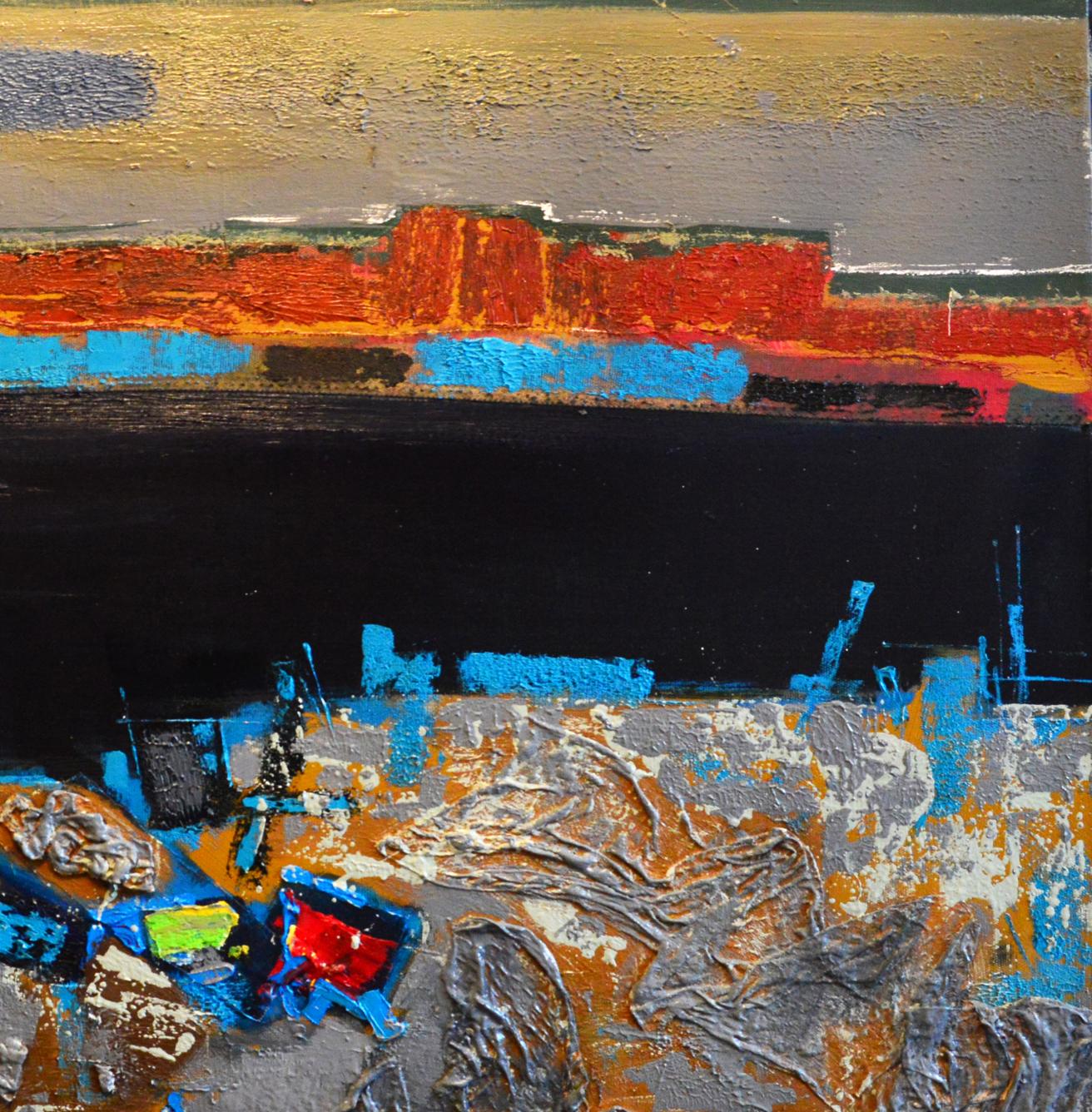 Oil painting At the River by Natalia Korf-Ivaniuk, abstract gold red blue black layers