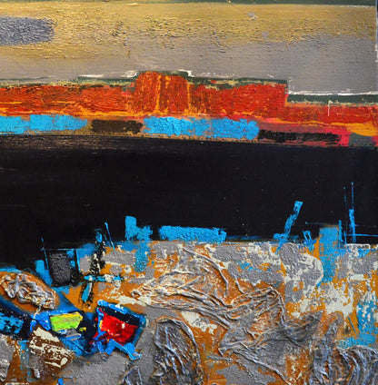 Oil painting At the River by Natalia Korf-Ivaniuk, abstract gold red blue black layers