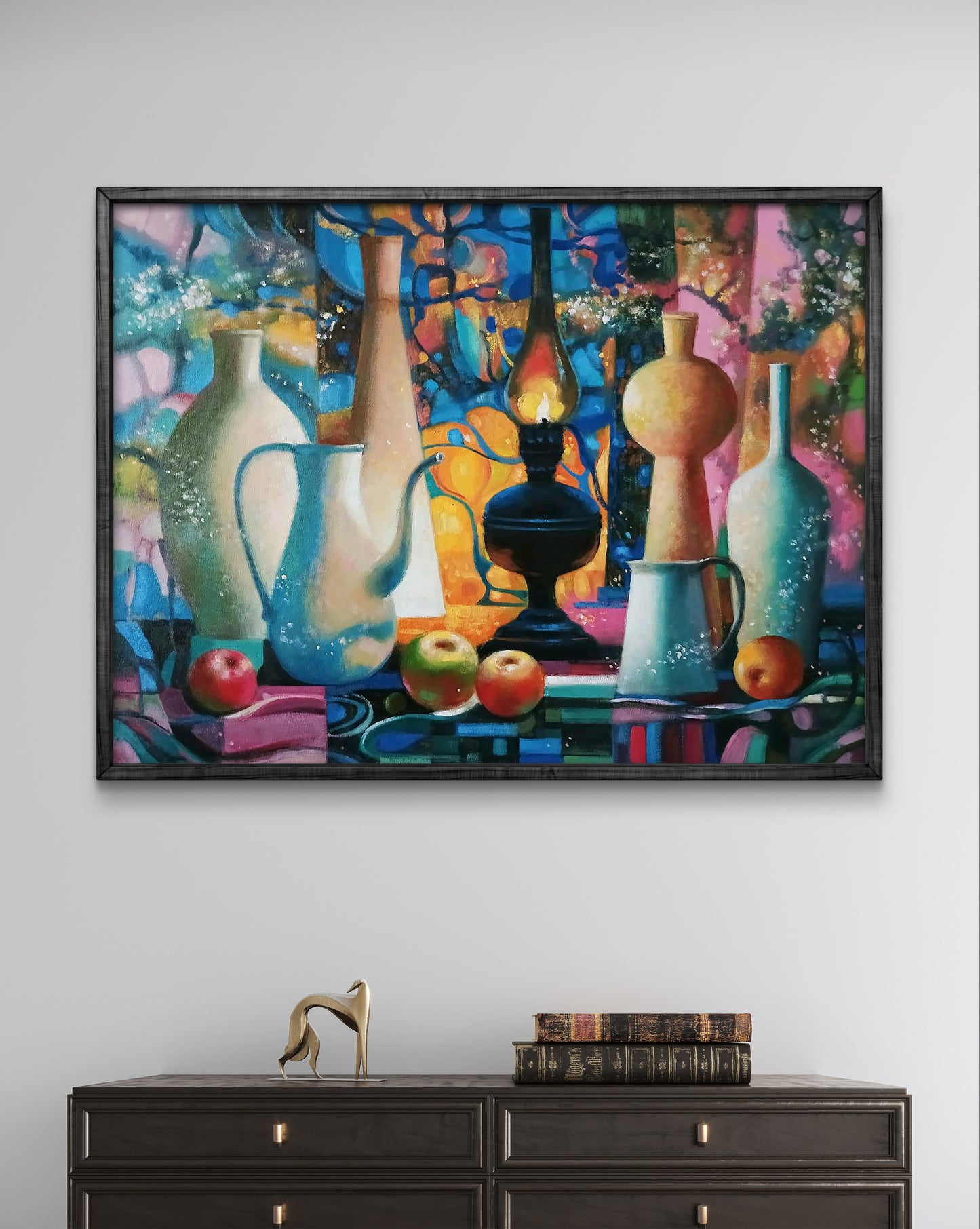Vibrant oil painting of lamps and apples on table by Anatoly Tarabanov