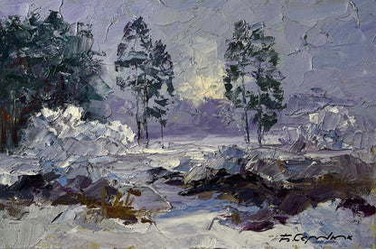Oil painting by Boris Serdyuk: snowy forest with evergreens and rocks