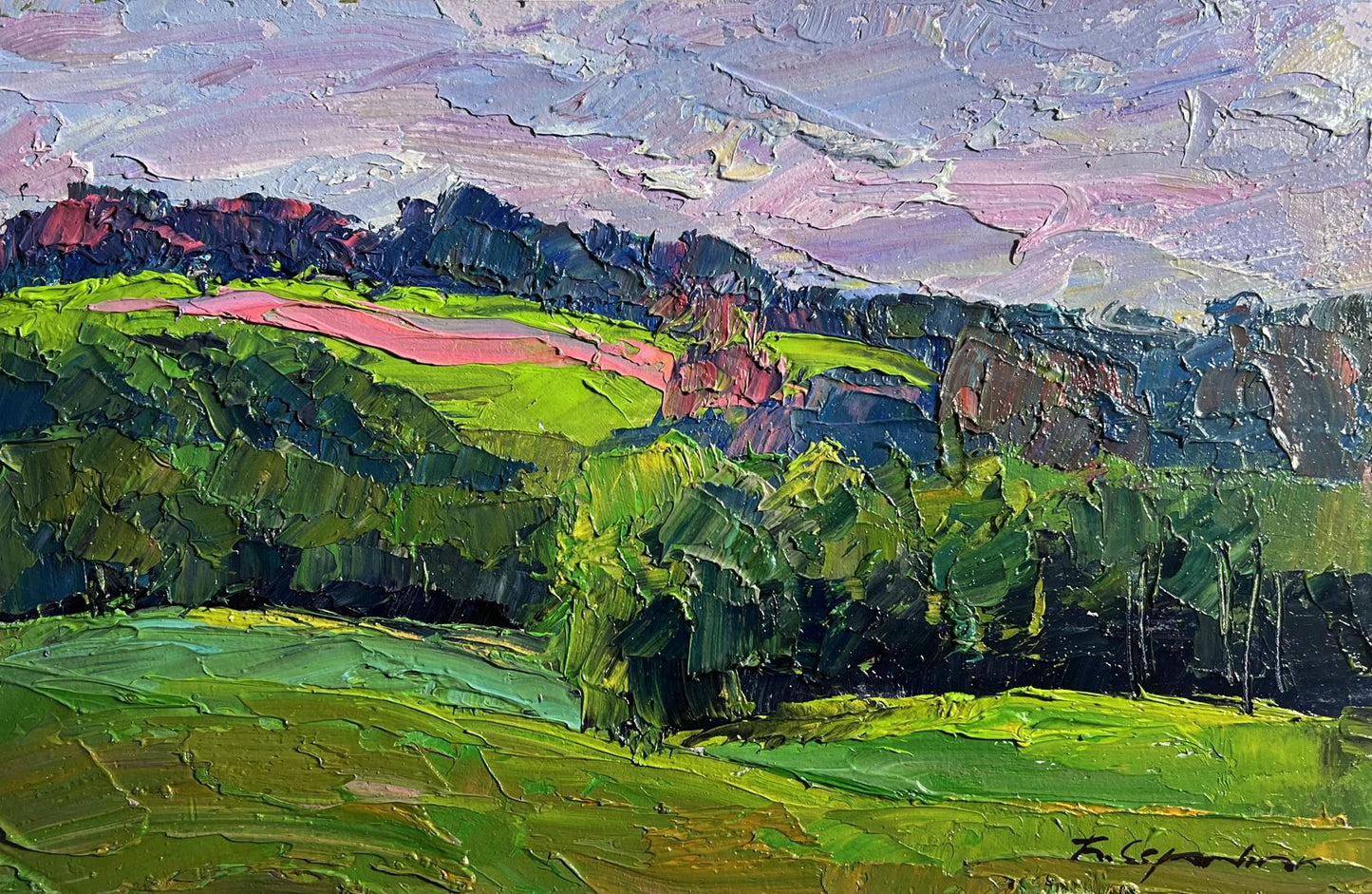 Vibrant impressionist oil painting of summer meadows and forests by Boris Serdyuk