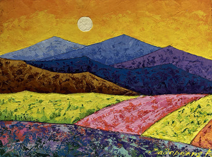 Oil painting Climbing to the top of the mountain by V. Zadorozhnya, blue mountains under orange sky
