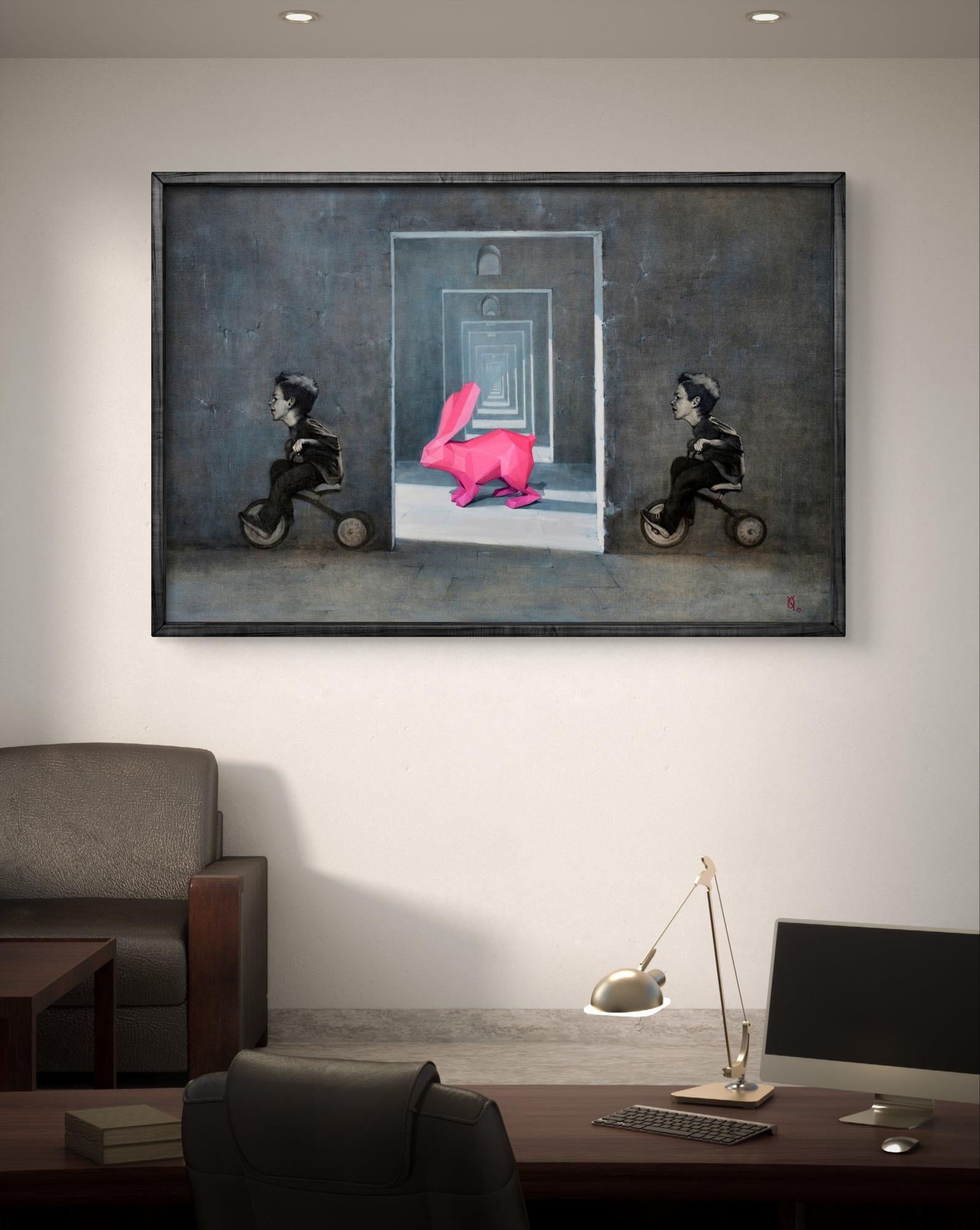 Oil painting Rabbit in the Maze by Oleg Kateryniuk with pink rabbit sculpture