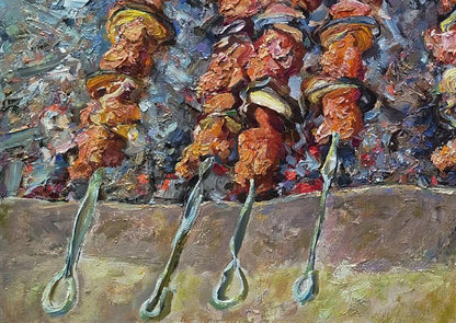 Oil painting of grilled meat skewers by Leonid Pavlenko