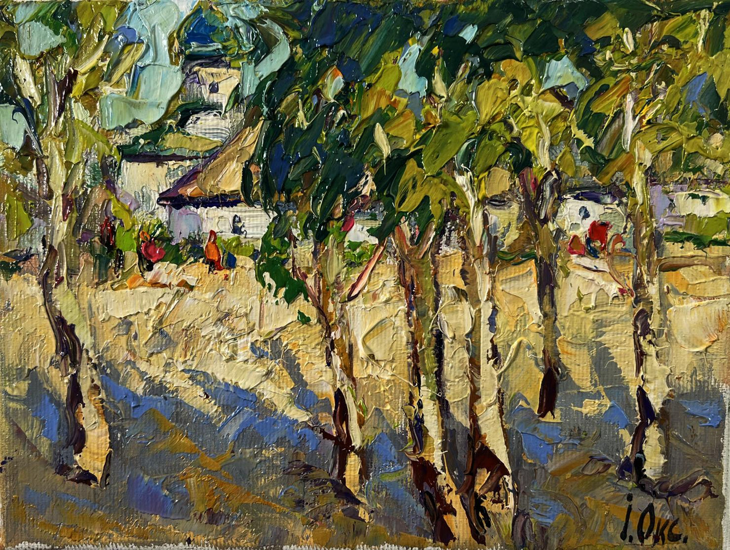 Oil painting Summer day in the village by Oksana Ivanyuk with green trees and white house