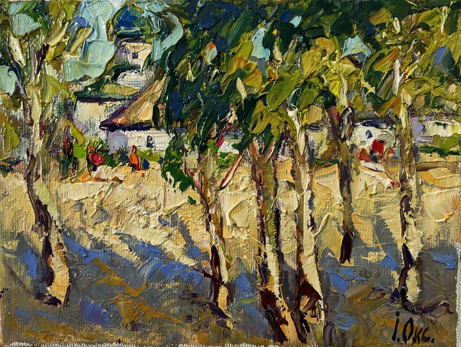 Oil painting Summer day in the village by Oksana Ivanyuk with green trees and white house