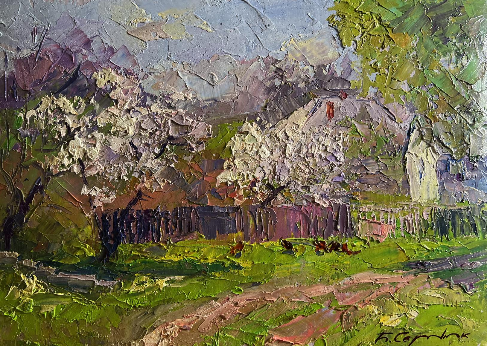 Textured impasto oil painting of cherry blossoms by Boris Serdyuk