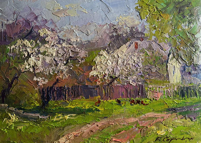 Textured impasto oil painting of cherry blossoms by Boris Serdyuk