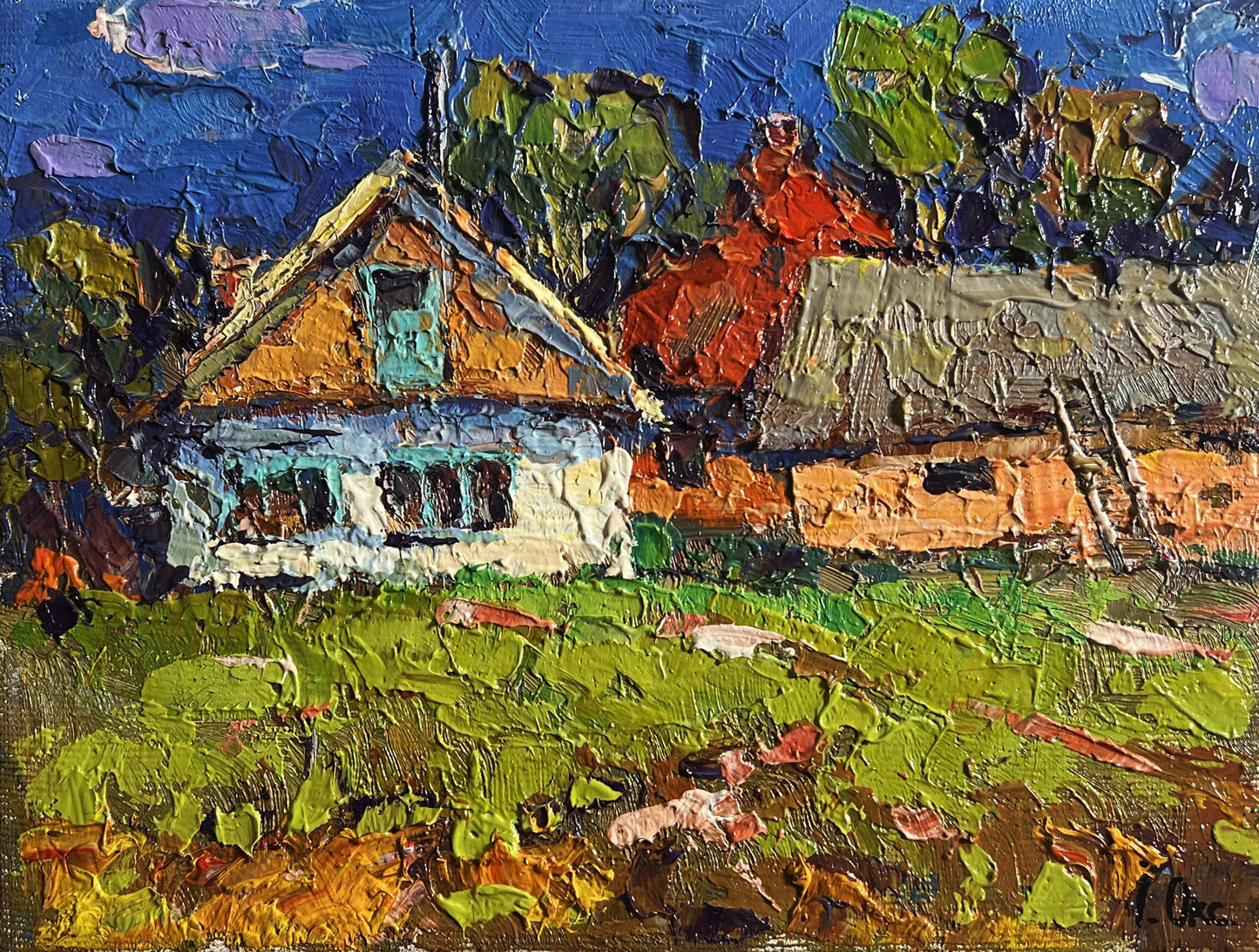 Vibrant impressionist oil painting Sunny day in the village by Oksana Ivanyuk