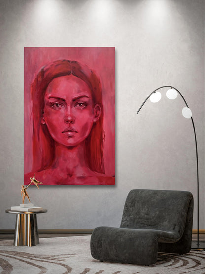 Striking red portrait of woman by Victoria Kagalovska on wall