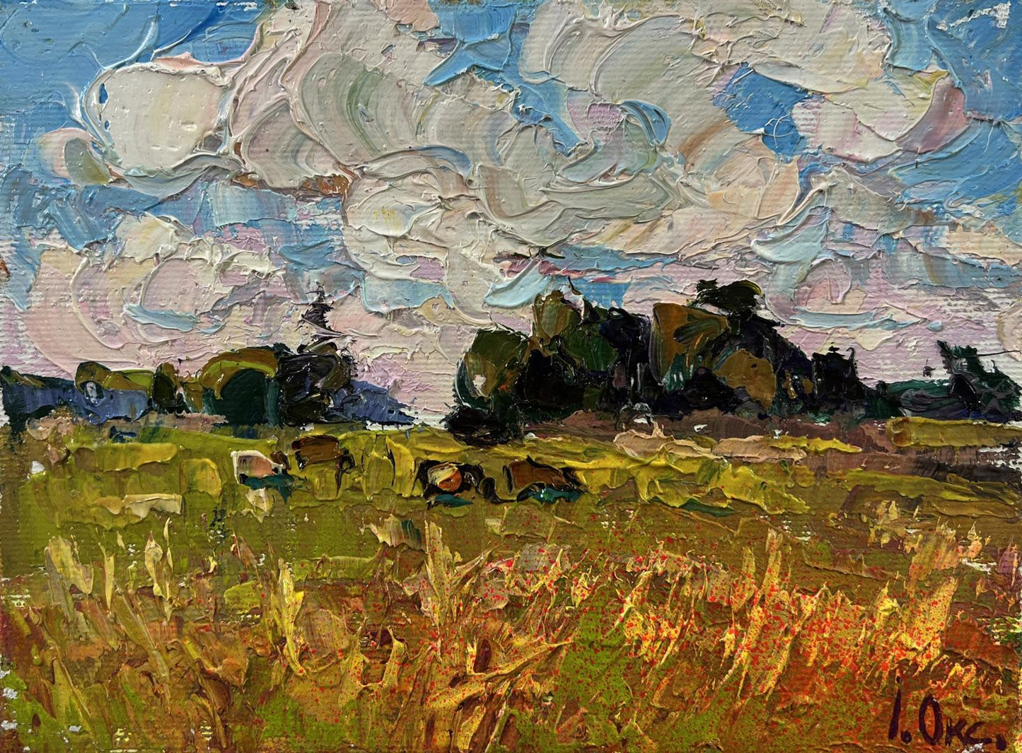 Impasto oil painting by Oksana Ivanyuk: vibrant sky over golden field