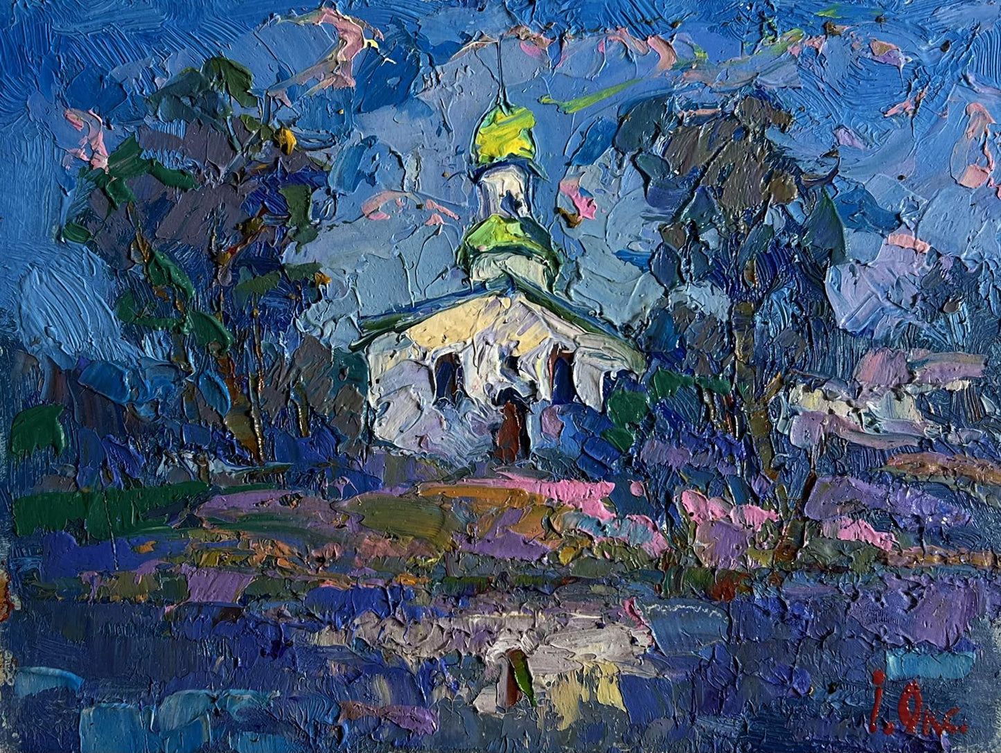 Vibrant oil painting Early in the morning at church by Oksana Ivanyuk